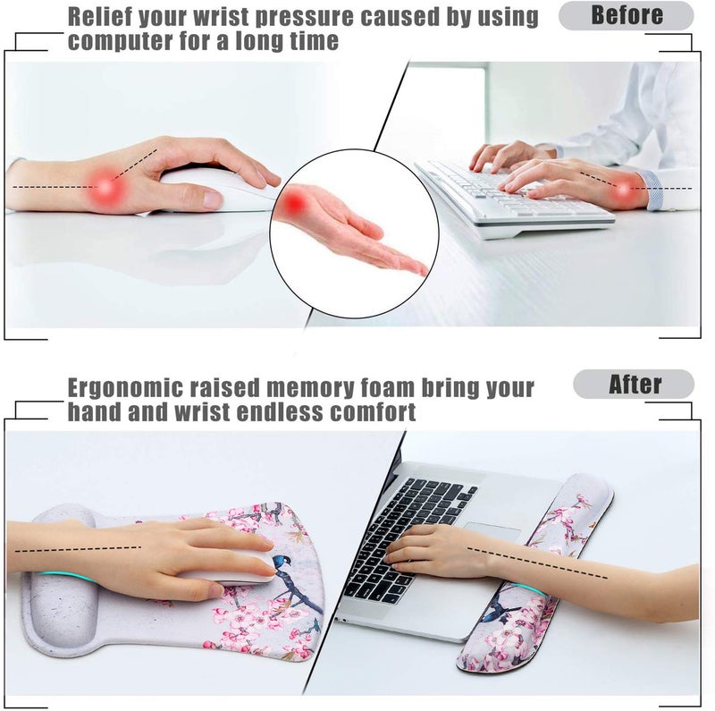 AORTDES Ergonomic Keyboard Mouse Pad Set with Wrist Rest Support, Memory Foam Hand Rest Wrist Cushion Set for Laptop/Notebook/Desktop/Computer/Gaming/Office/Desk, Easy Typing & Pain Relief(Bird & Pink Flower) - Image 4